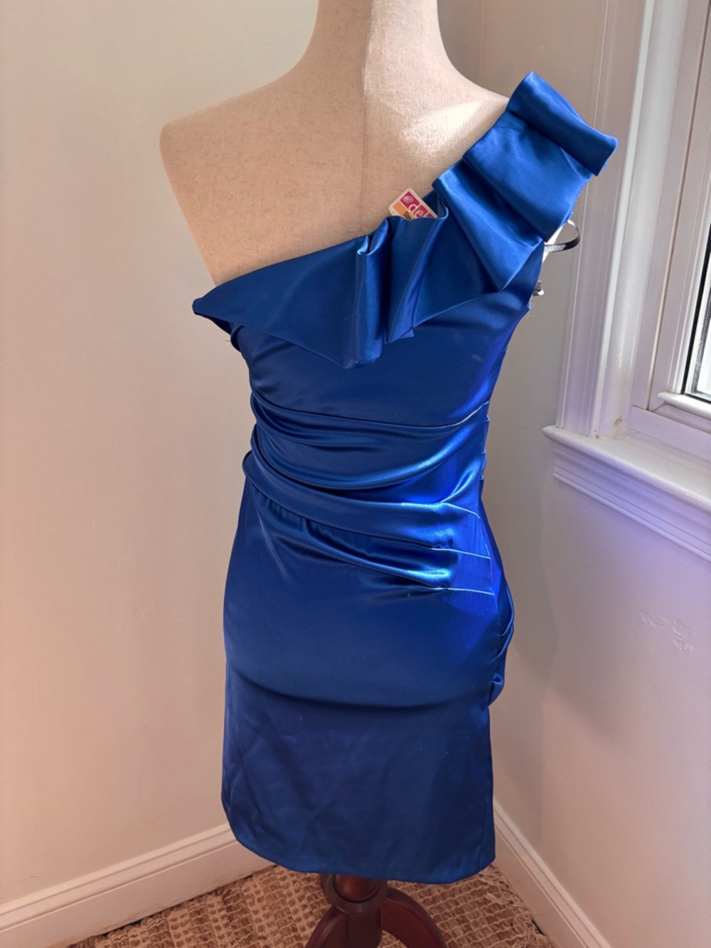 NWT Blue Satin One Shoulder Ruffle Cocktail Dress Ruched Mini - Picture 3 of 4